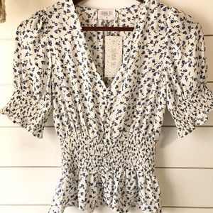 Anthropologie Sienna Sky Blue Floral Ruched Top New with tags